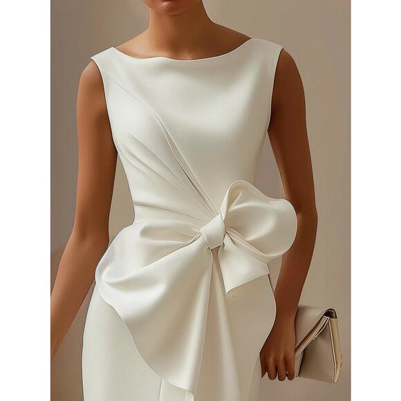 Fehaute White 3D Bow Sleeveless Sheath Midi Dress size Large Graduation Bridal - Picture 2 of 8